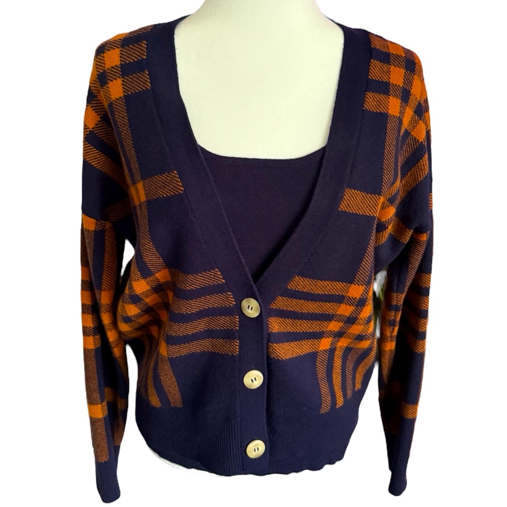 NWOT! Rachel Zoe Twin Button-Up Sweater Set Women’s Size M Orange Navy Plaid